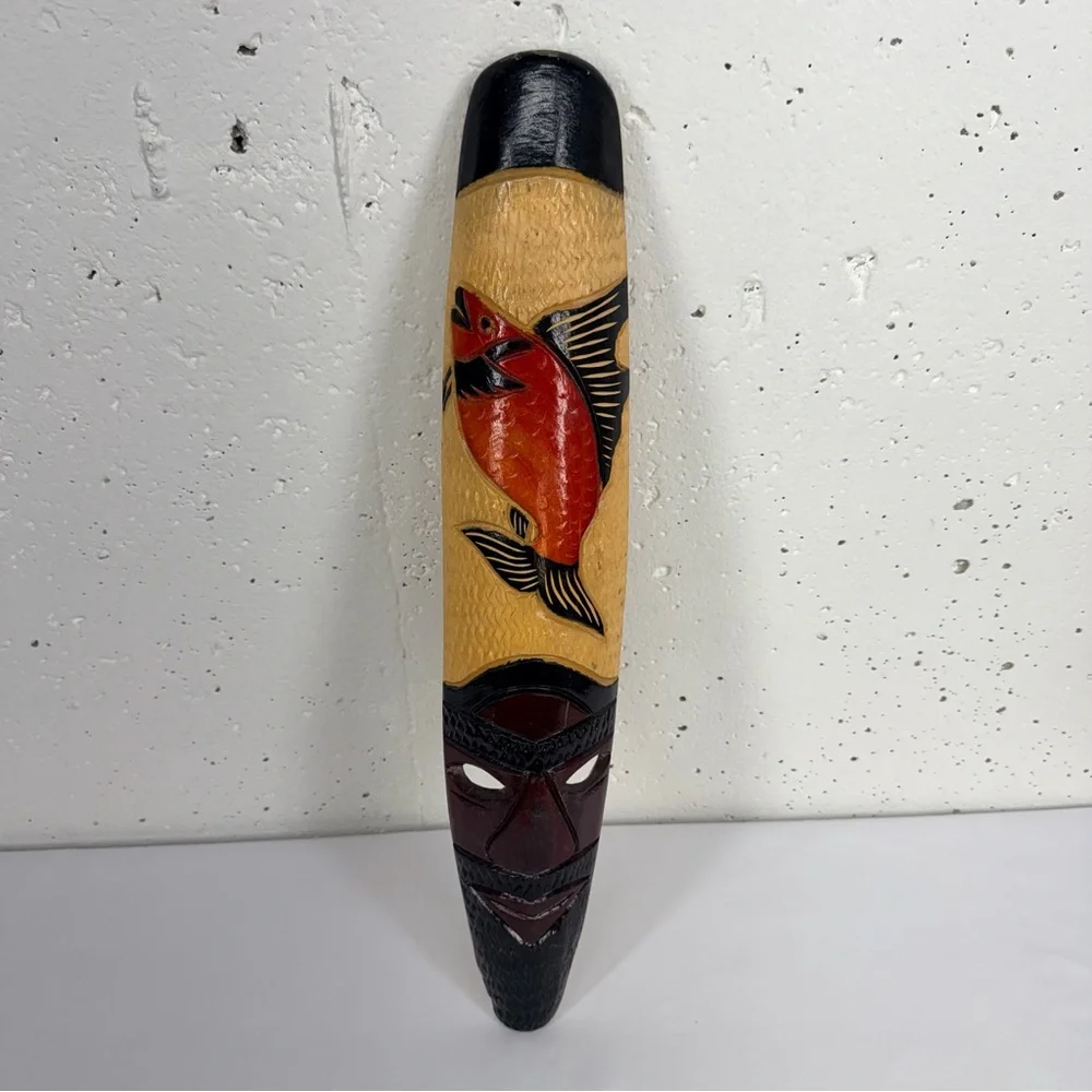 Hand Carved African Jamaican Tribal Fish Warrior Mask Hanging Wall Art 19”